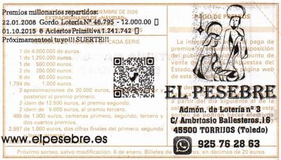 Reverso del d&eacute;cimo 70351 con el sello de la Administraci&oacute;n n&ordm; 3 &laquo;El Pesebre&raquo;, en Torrijos